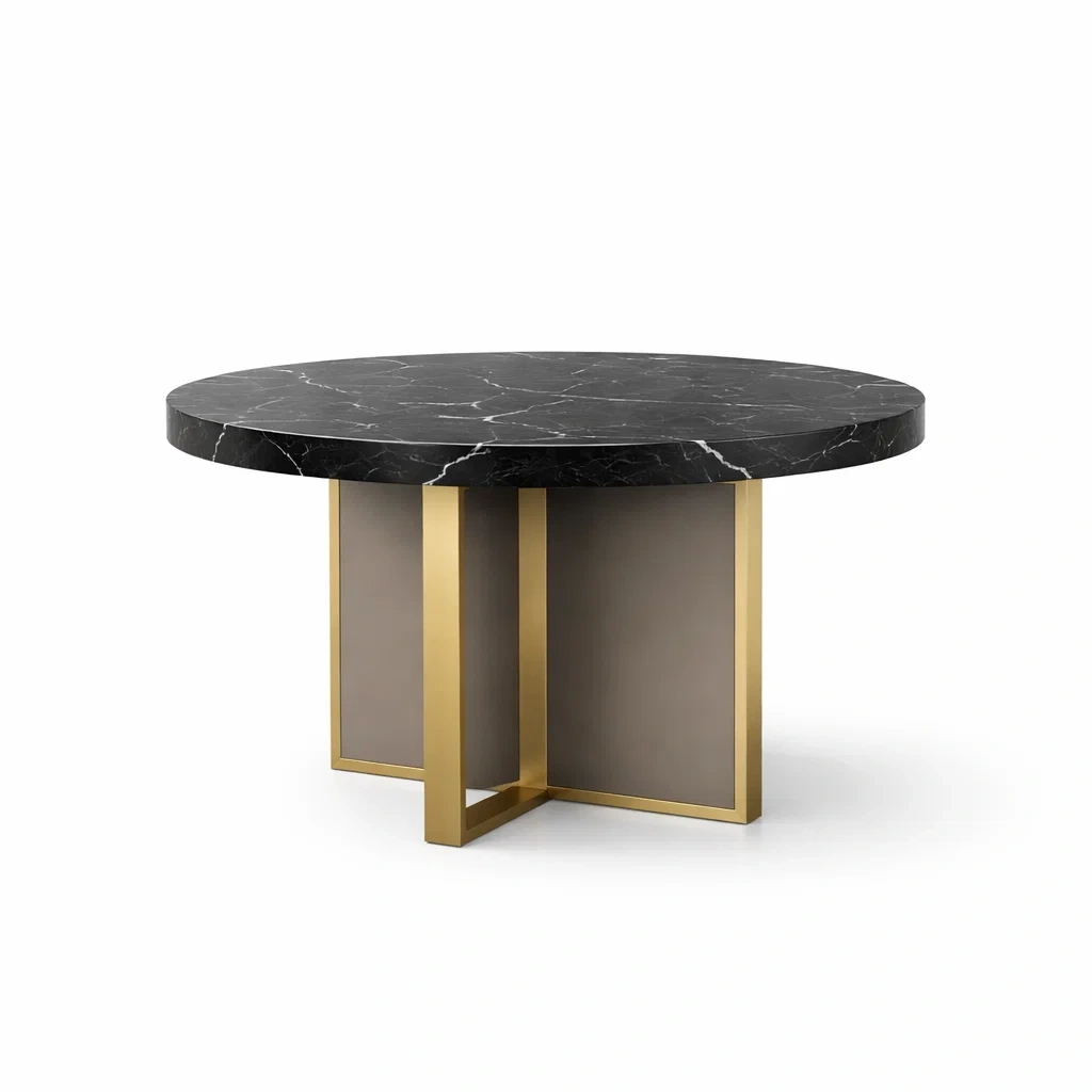 Table à manger ronde en marbre noir avec base en acier doré-PURE DRE AMSP ACE
