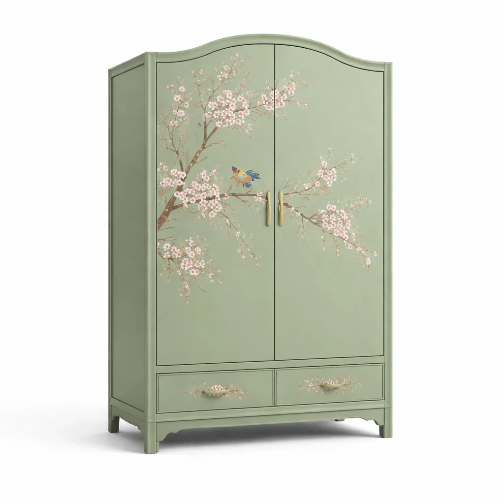 Armoire en bois peint vert avec motif floral, portes et tiroirs-Purenest Living