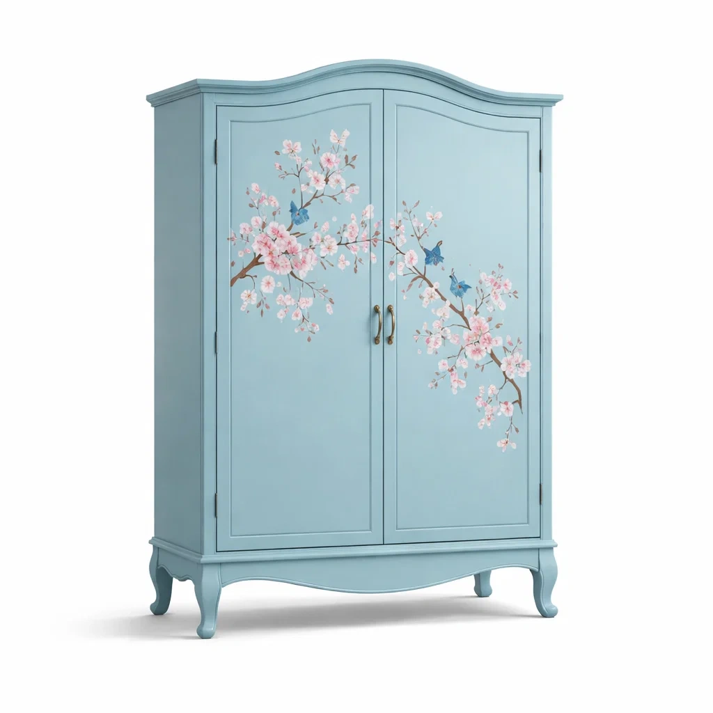Armoire en bois avec motif floral et oiseaux-Purenest Living