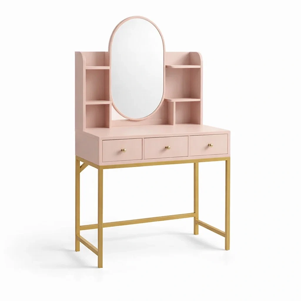 Coiffeuse en bois et métal avec miroir ovale et étagères-Purenest Living