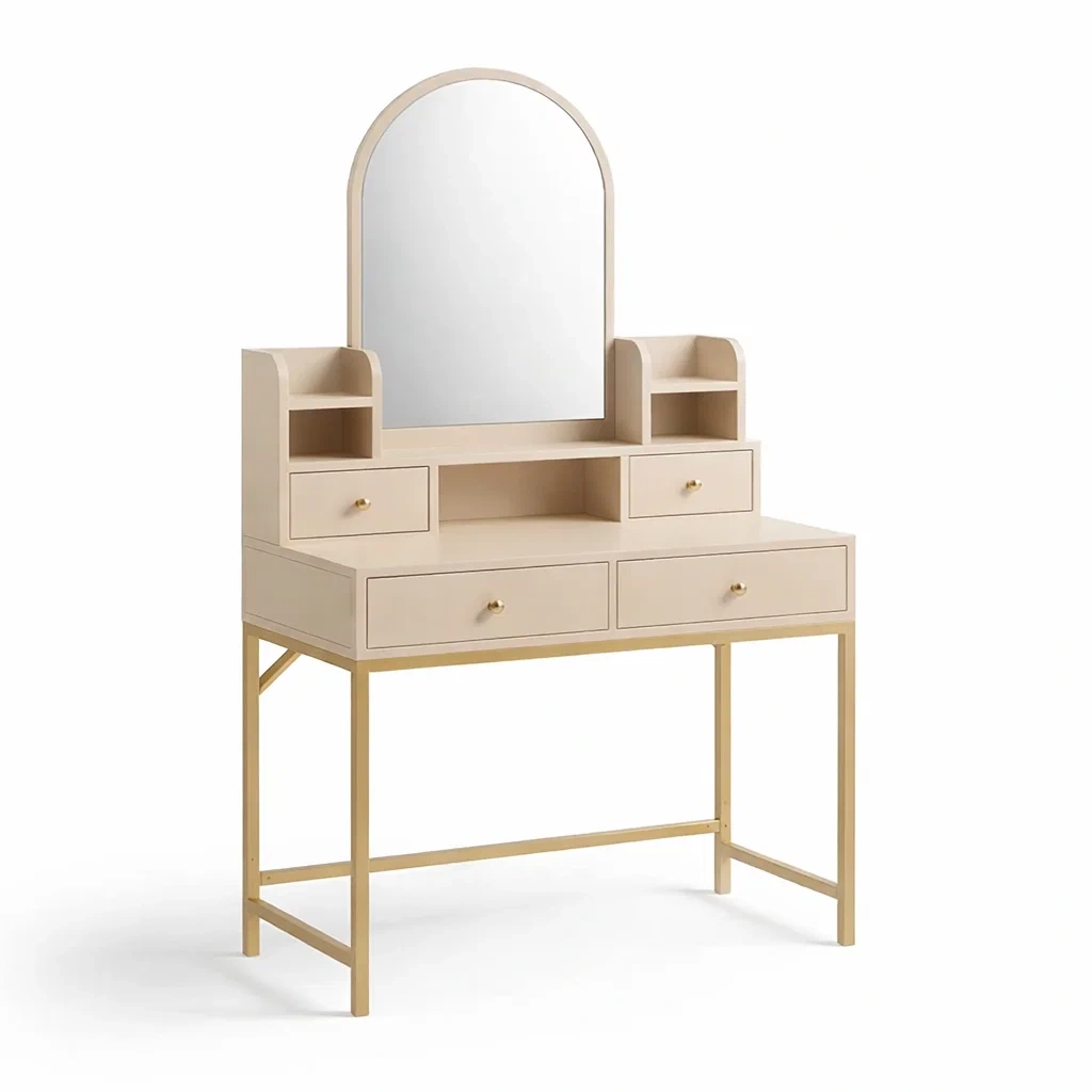 Coiffeuse en bois beige avec miroir et tiroirs-Purenest Living