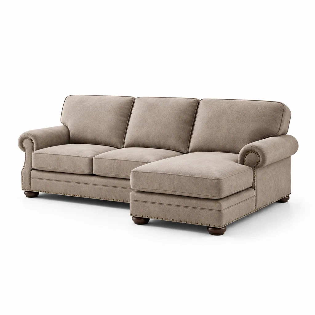 Canapé avec méridienne en tissu polyester beige-TRENDYOA SISLIVING