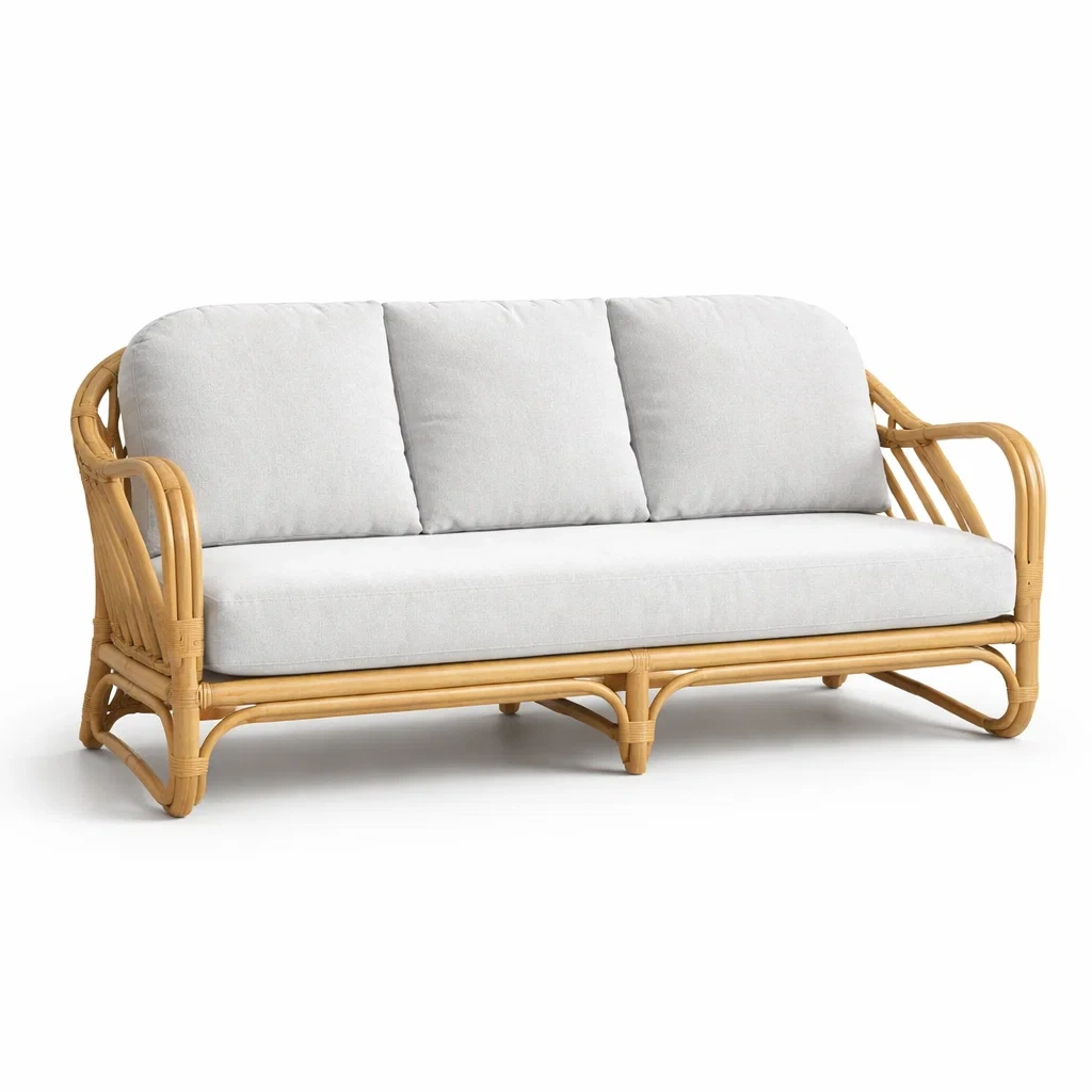 Canapé en rotin avec coussins en tissu polyester blanc-TRENDYOA SISLIVING