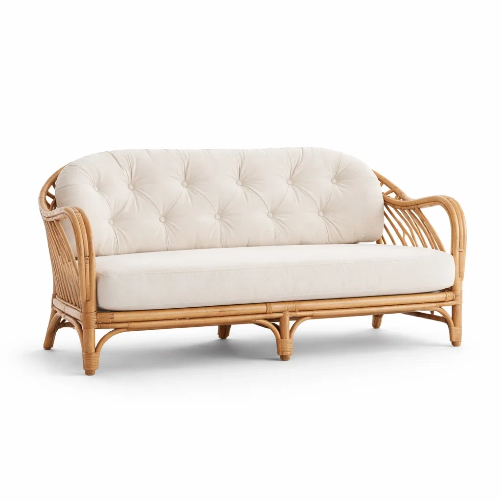 Canapé en rotin avec coussins en polyester beige-TRENDYOA SISLIVING