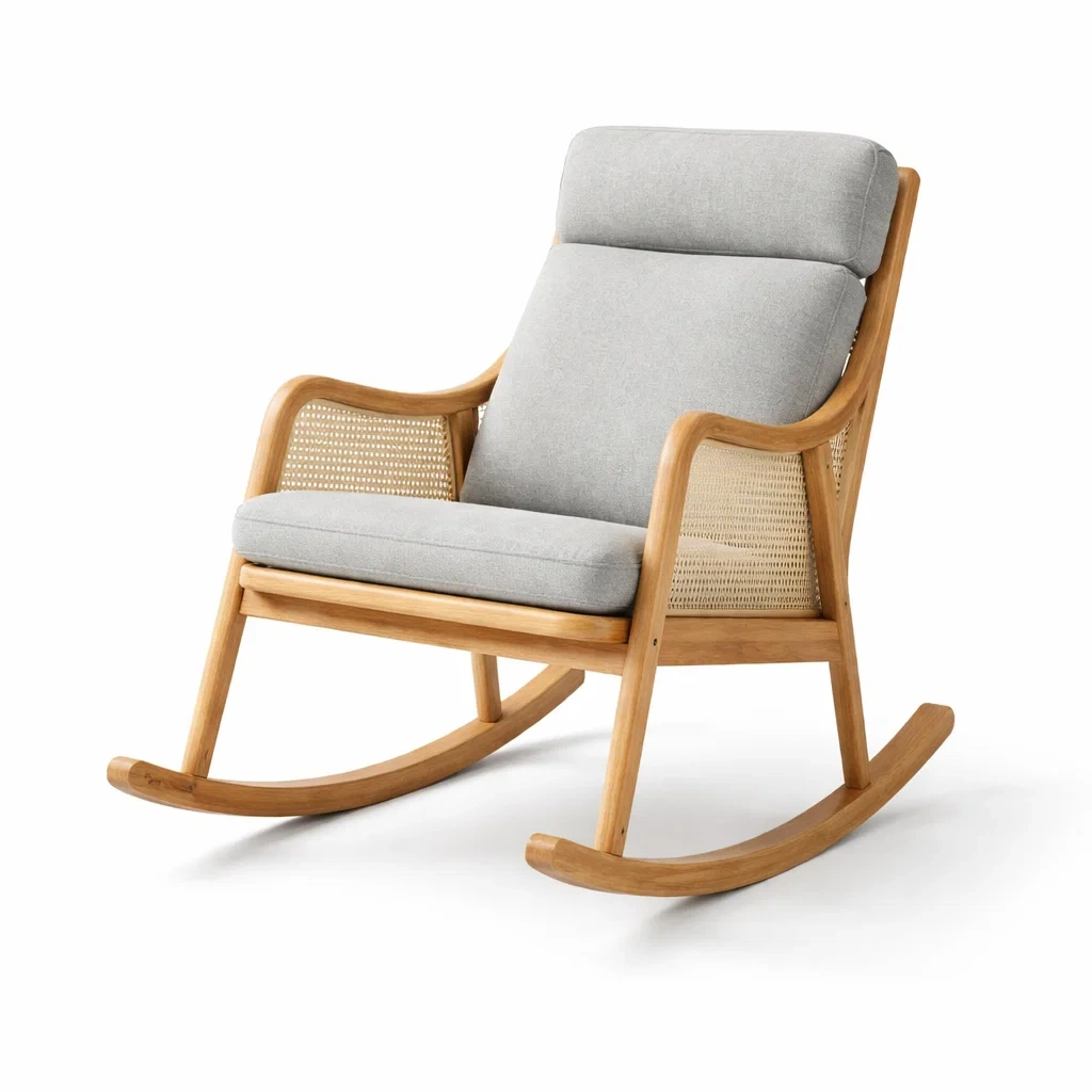 Fauteuil à bascule en bois et rotin avec coussins gris-TRENDYOA SISLIVING