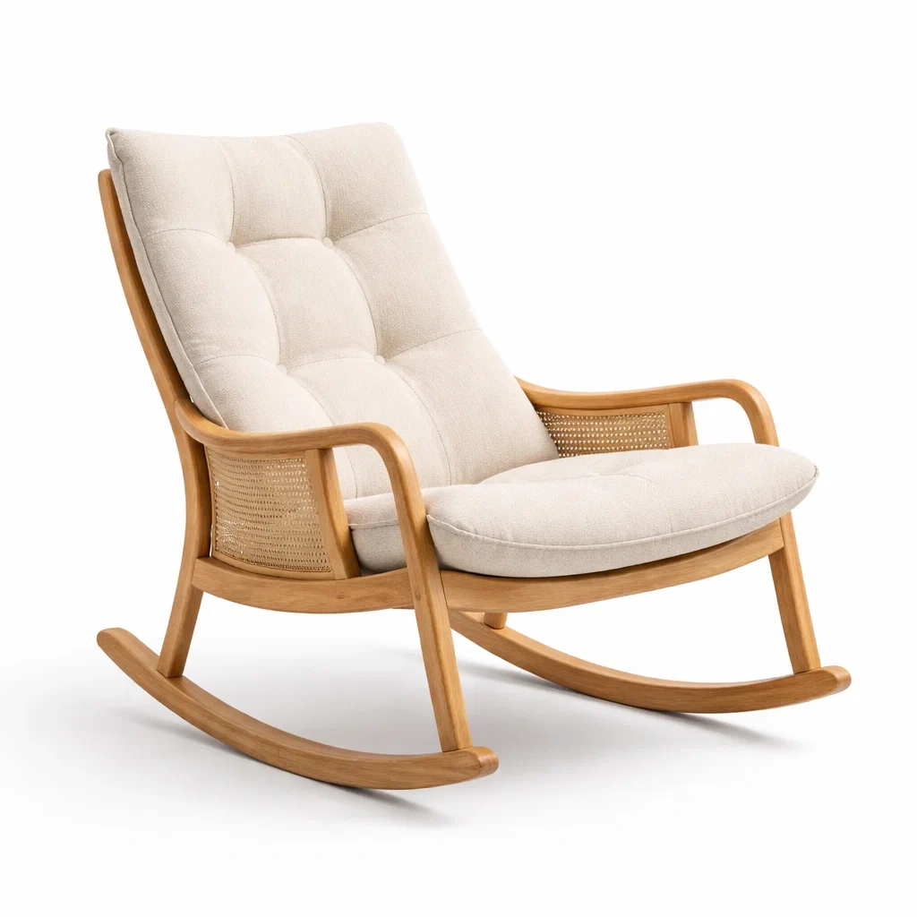 Fauteuil à bascule en bois avec coussins en tissu polyester beige-TRENDYOA SISLIVING