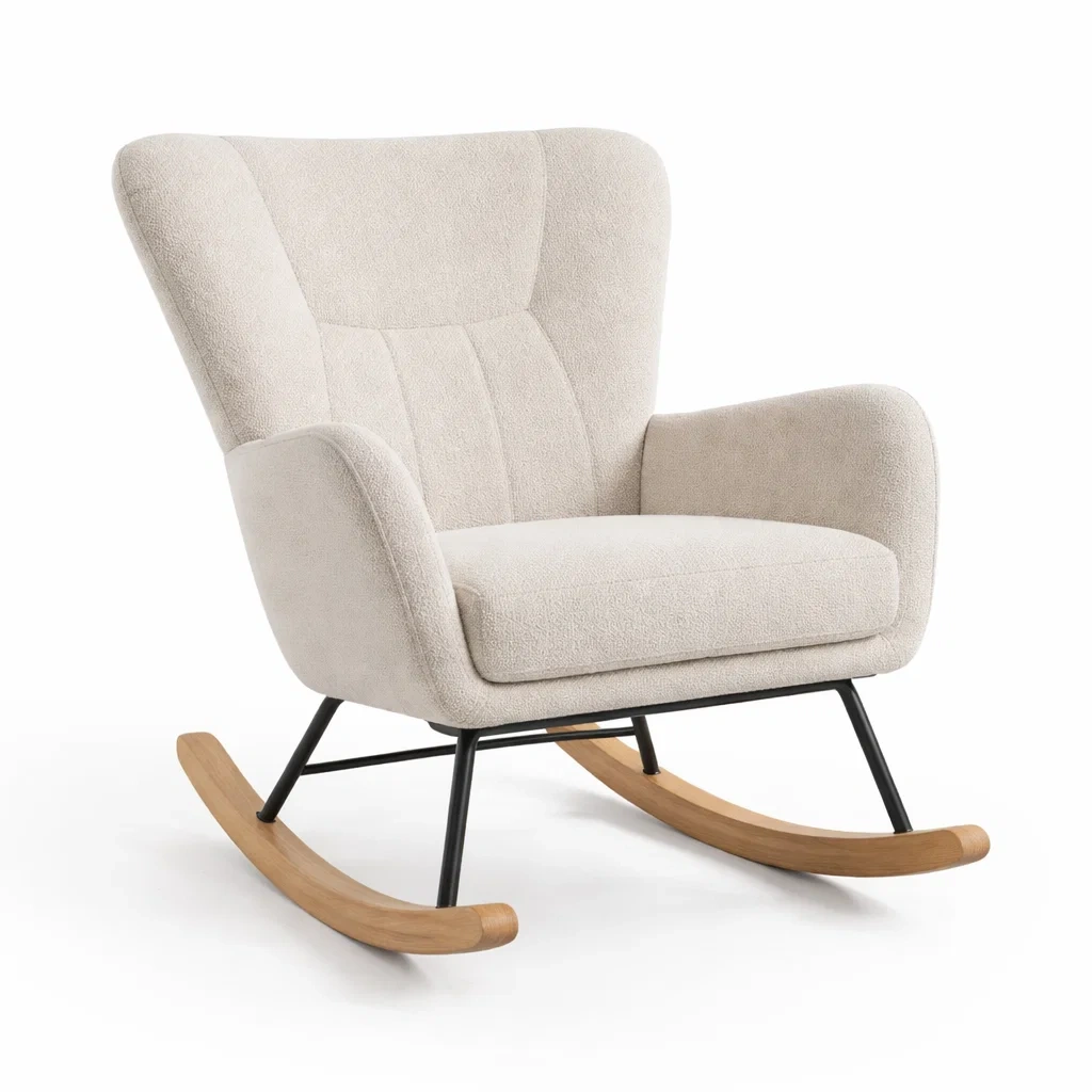 Fauteuil à bascule en tissu beige avec structure en métal et bois-TRENDYOA SISLIVING