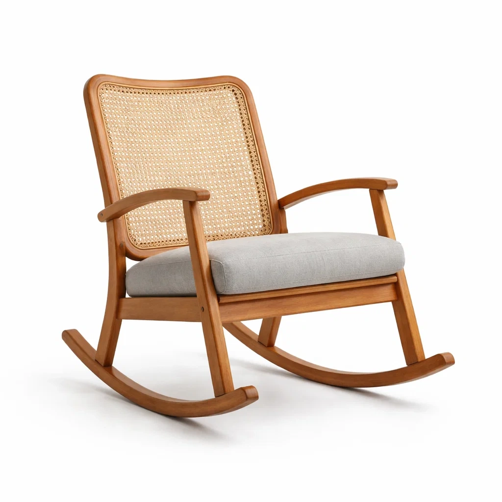 Fauteuil à bascule en bois d'acacia avec dossier en rotin et coussin gris-TRENDYOA SISLIVING