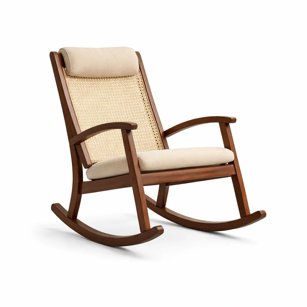 Fauteuil à bascule en bois avec dossier en rotin et coussins en lin beige-TRENDYOA SISLIVING