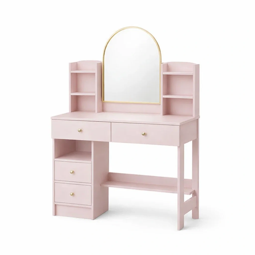 Coiffeuse en mdf rose avec miroir courbé et tiroirs-TRENDYOA SISLIVING