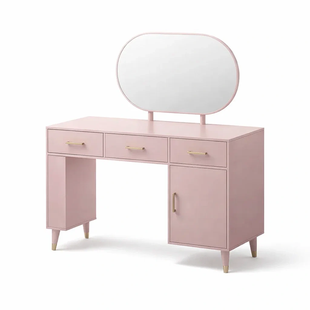 Coiffeuse en bois mdf rose avec miroir ovale-TRENDYOA SISLIVING