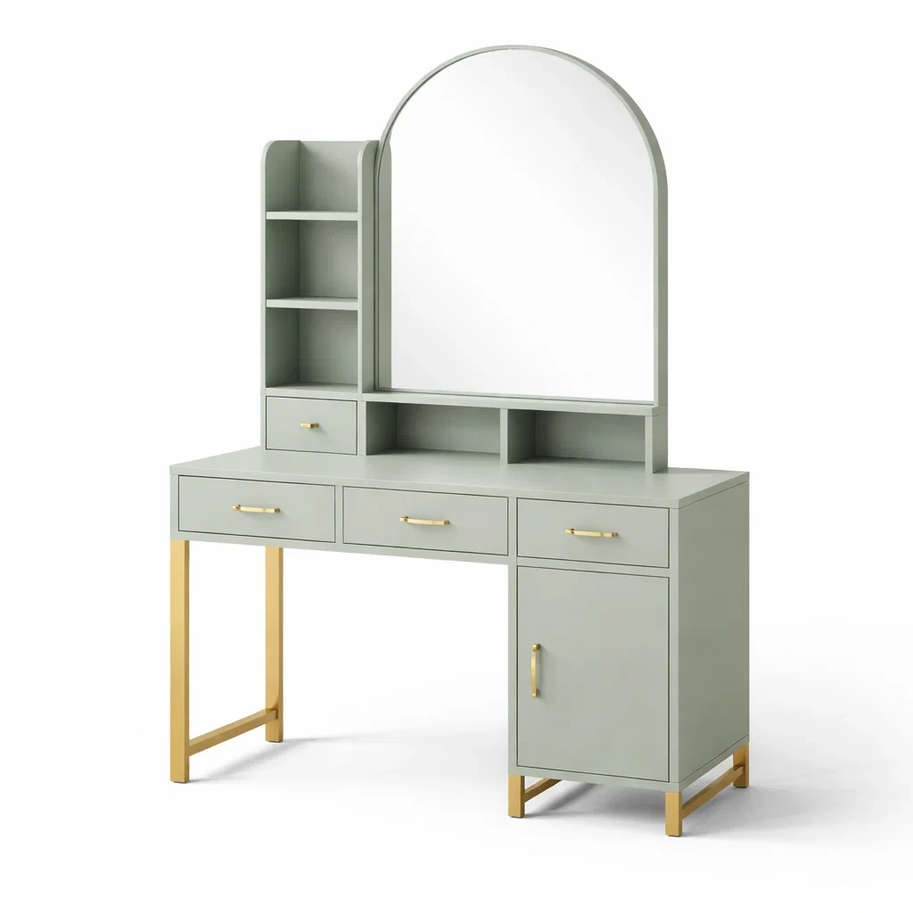 Coiffeuse en mdf et métal vert avec miroir courbé-TRENDYOA SISLIVING