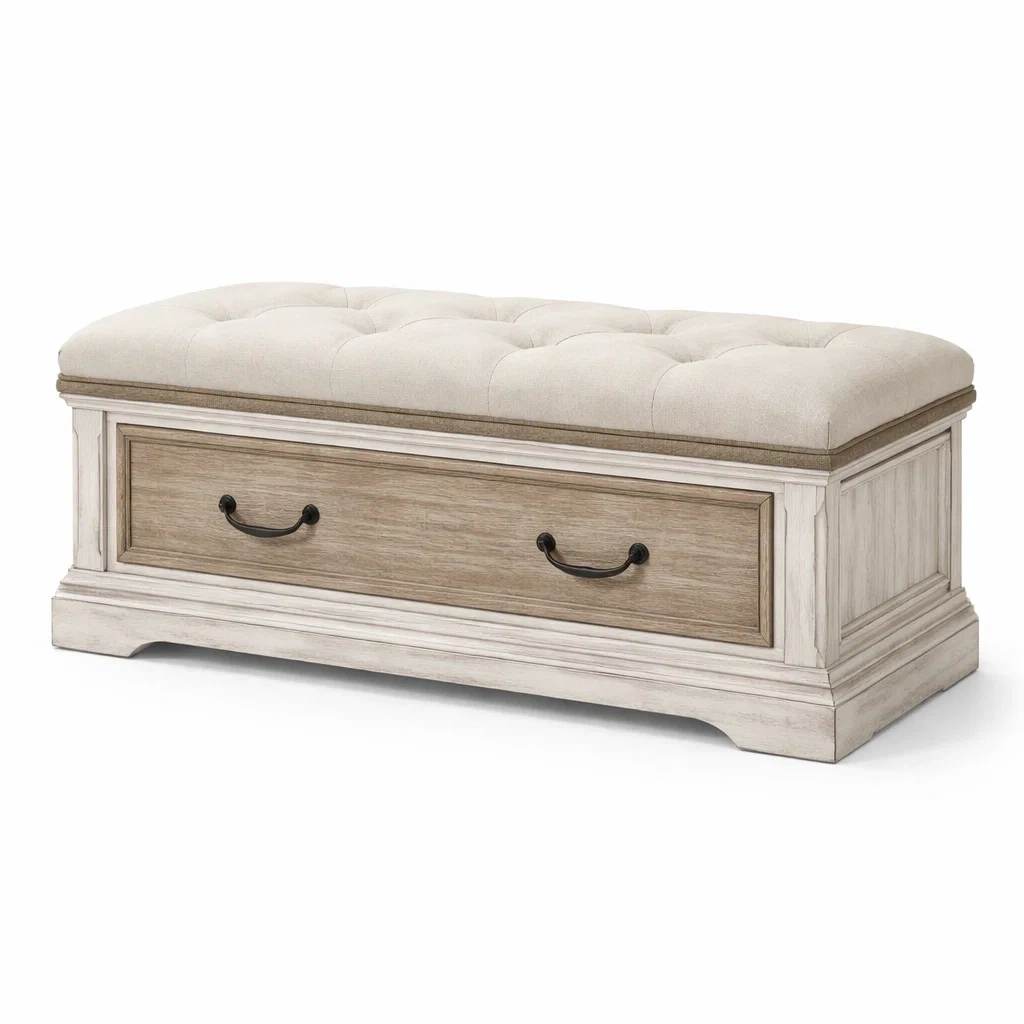 Banc de rangement avec coussin en tissu polyester beige et tiroir en bois-Dreamnookliving