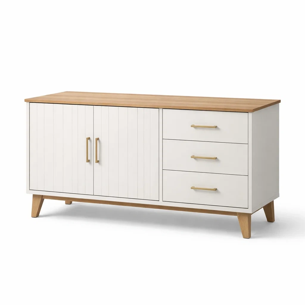 Buffet en bois mdf et chêne blanc et naturel avec tiroirs et portes-Dreamnookliving