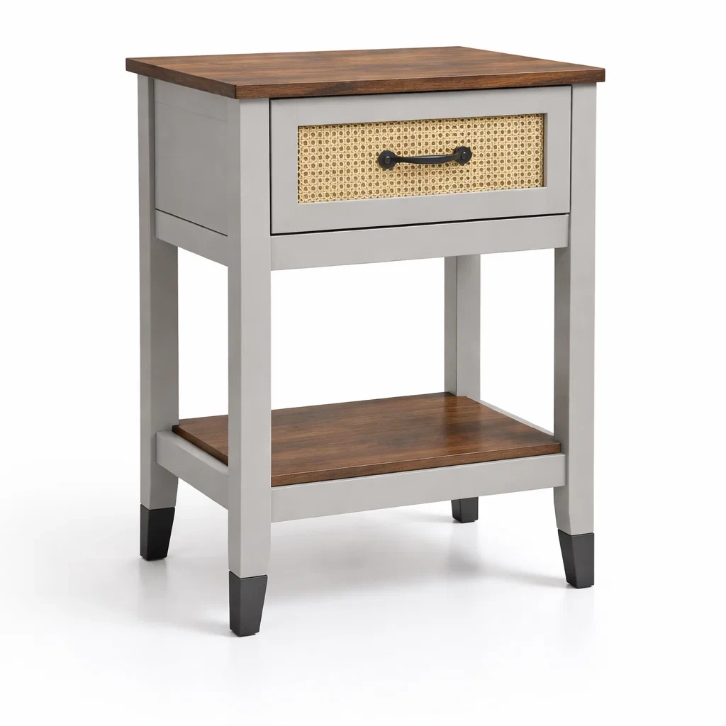 Table de chevet en bois et canne avec tiroir et étagère-Dreamnookliving