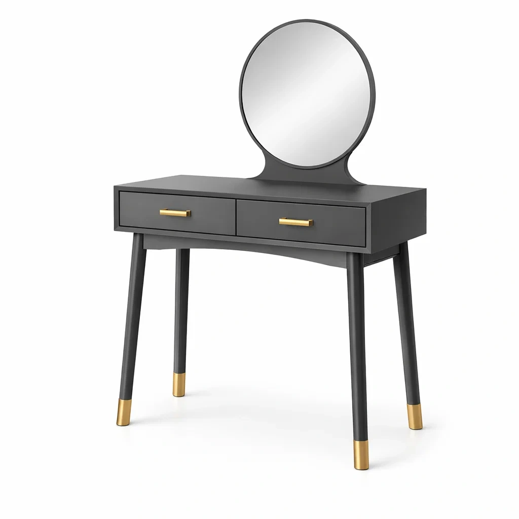 Coiffeuse en bois et métal avec miroir rond gris et doré-DREAMNOO KRETREAT