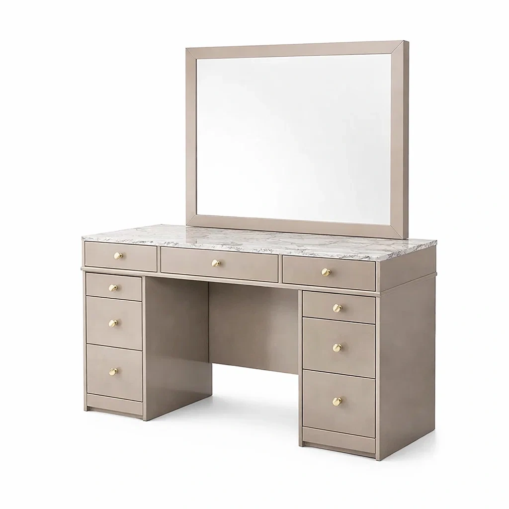 Coiffeuse en bois MDF taupe avec miroir et marbre-DREAMNOO KRETREAT