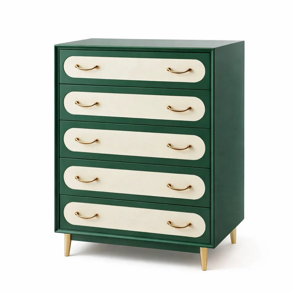 Commode en bois vert et blanc avec 5 tiroirs et poignées en métal doré-DREAMNOO KRETREAT