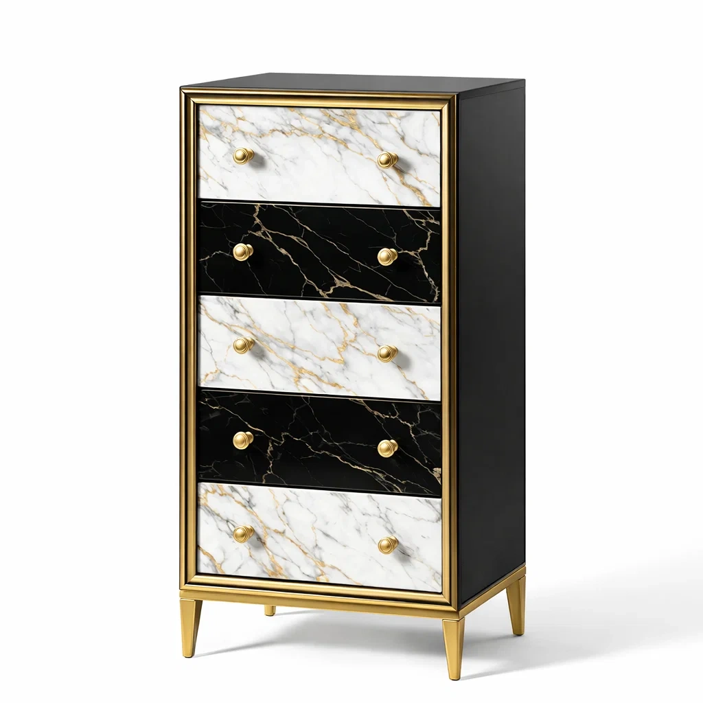 Commode en bois avec placage marbre noir et blanc et 5 tiroirs-DREAMNOO KRETREAT