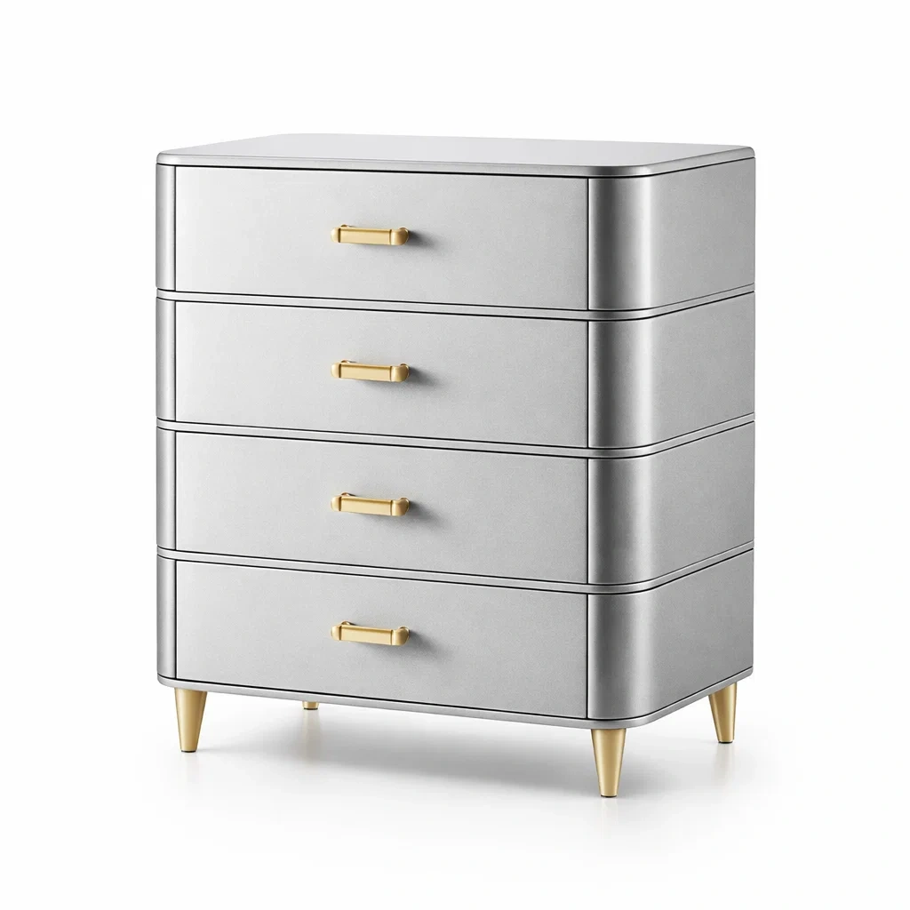 Commode en MDF argent avec 4 tiroirs et pieds métalliques-DREAMNOO KRETREAT