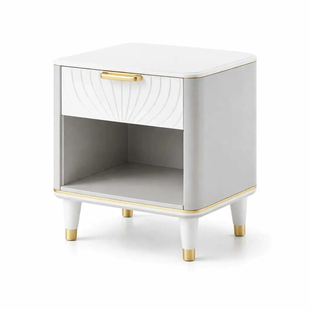 Table de chevet en bois blanc et métal doré avec tiroir et compartiment-DREAMNOO KRETREAT