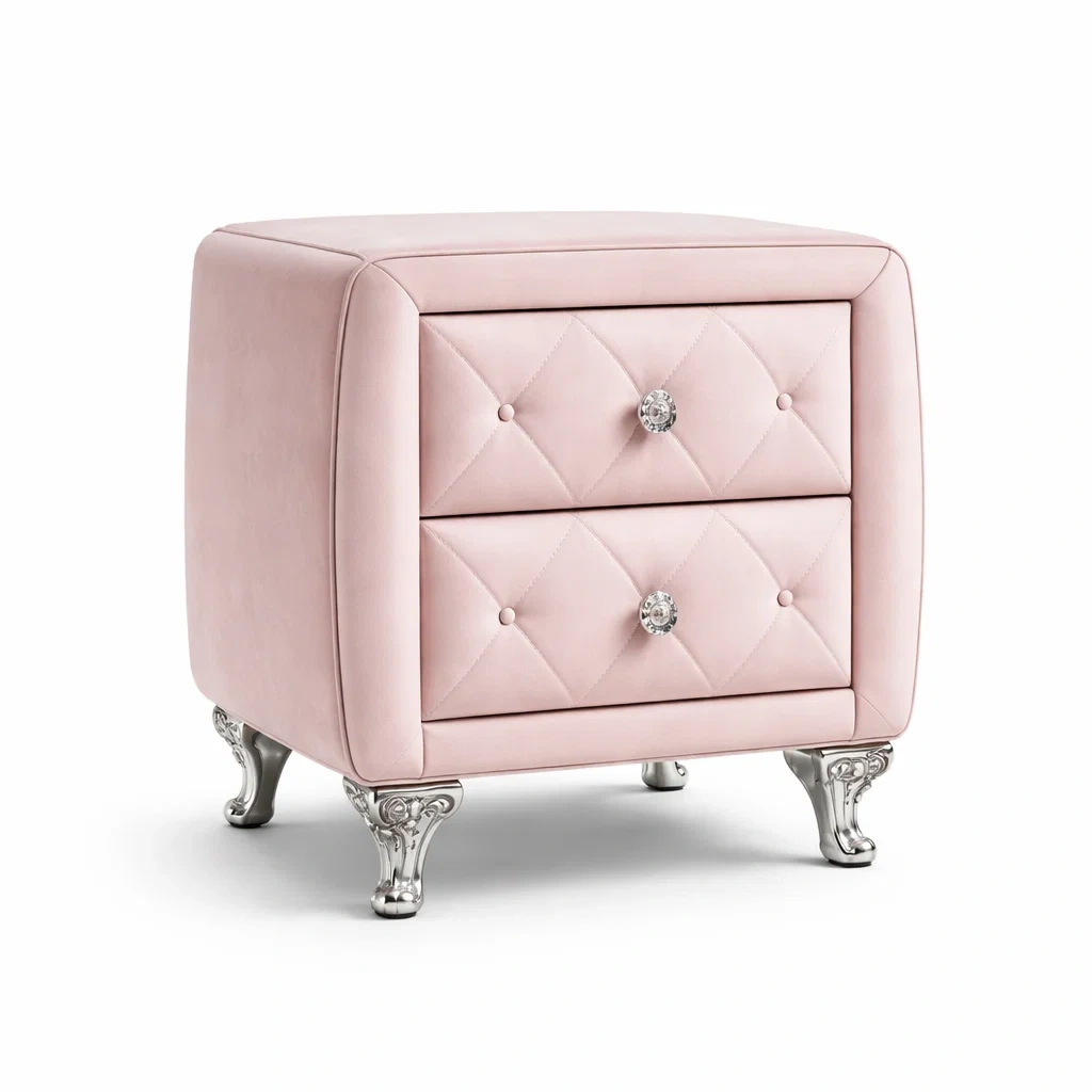 Table de chevet en velours rose avec 2 tiroirs et pieds en métal-DREAMNOO KRETREAT