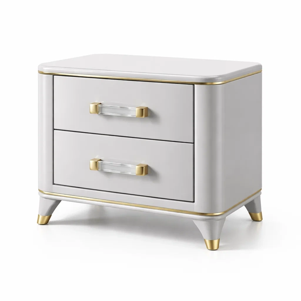 Table de chevet en MDF et verre acrylique gris et doré avec 2 tiroirs-DREAMNOO KRETREAT