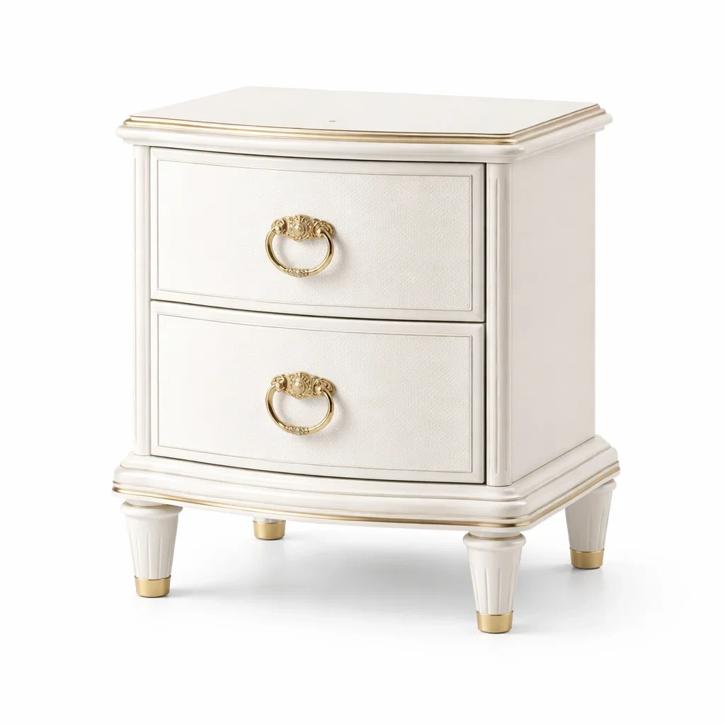 Table de chevet en bois blanc avec poignées en métal doré-DREAMNOO KRETREAT