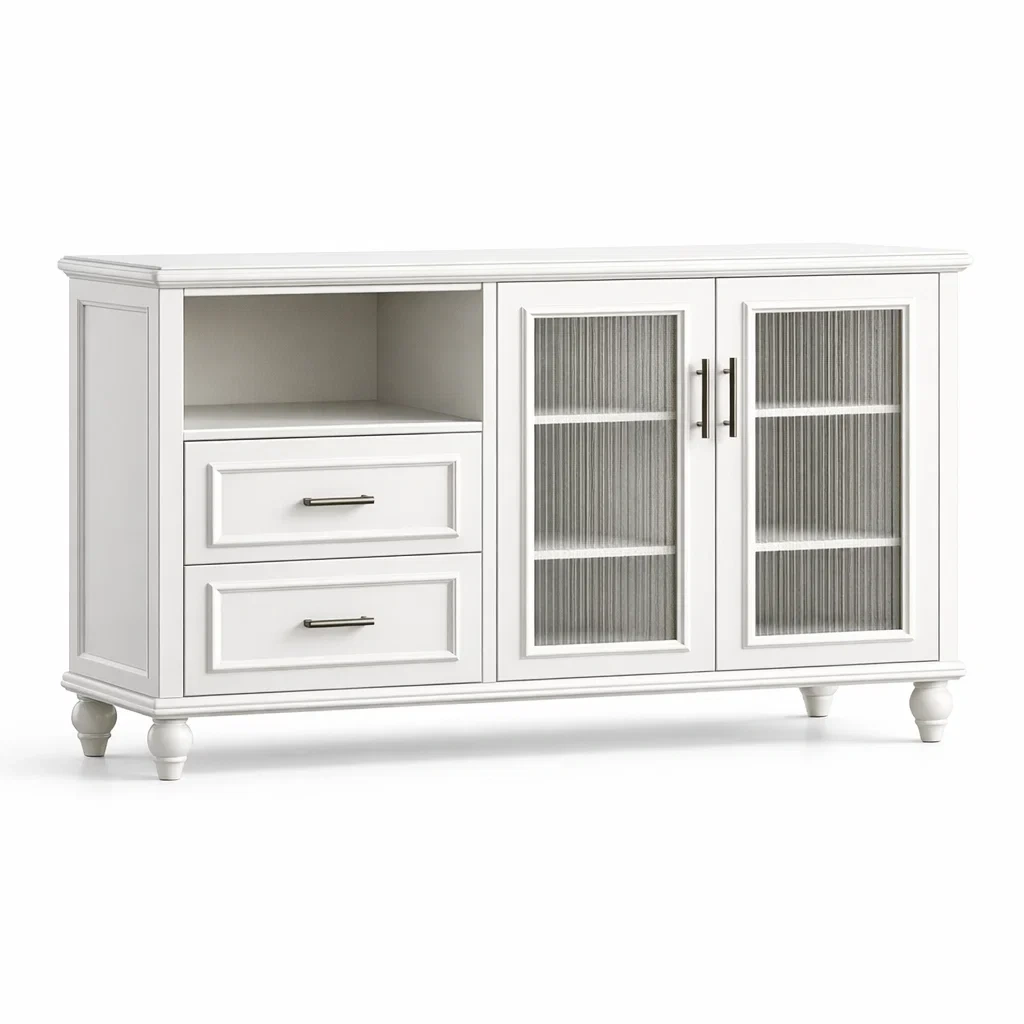 Buffet en bois blanc avec portes en verre et tiroirs-DREAMNOO KRETREAT