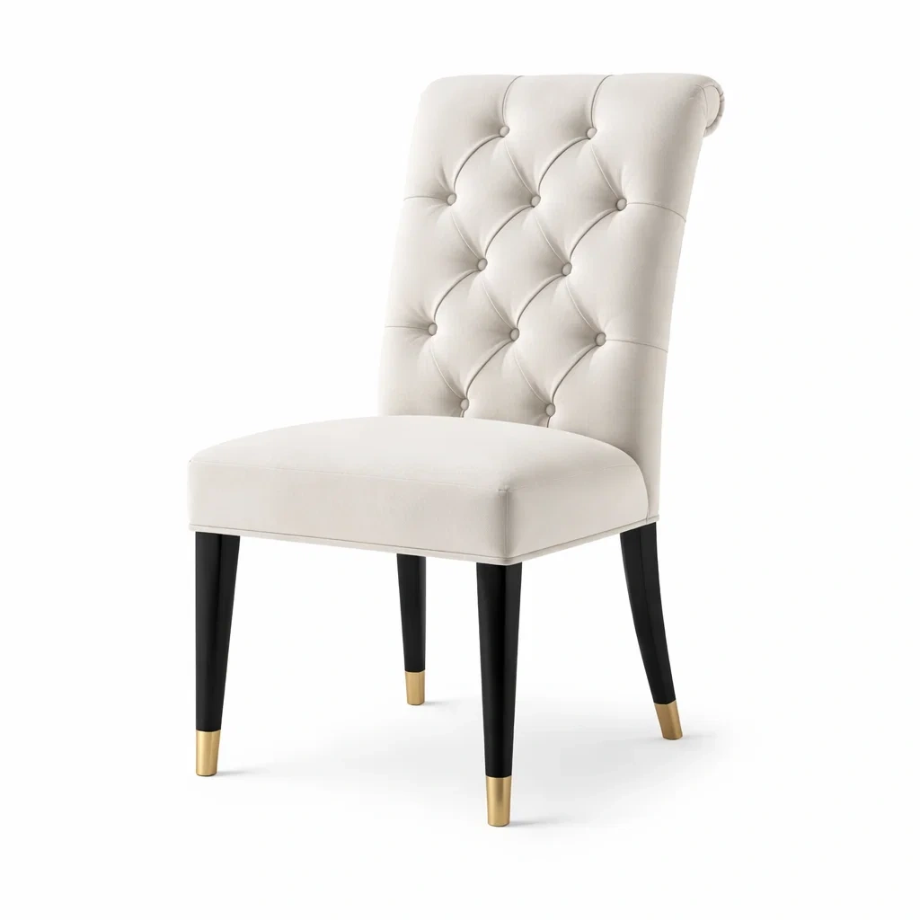 Chaise de salle à manger en tissu polyester beige avec pieds en bois et embouts dorés 55 x 65 x 88 cm-DECORCRA FTLIVING