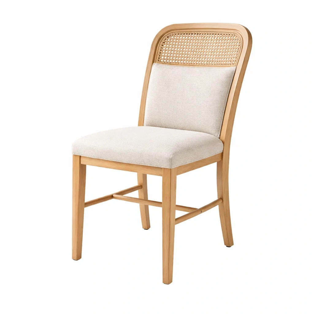 Chaise de salle à manger en bois avec cannage et tissu beige-DREAMNOO KRETREAT