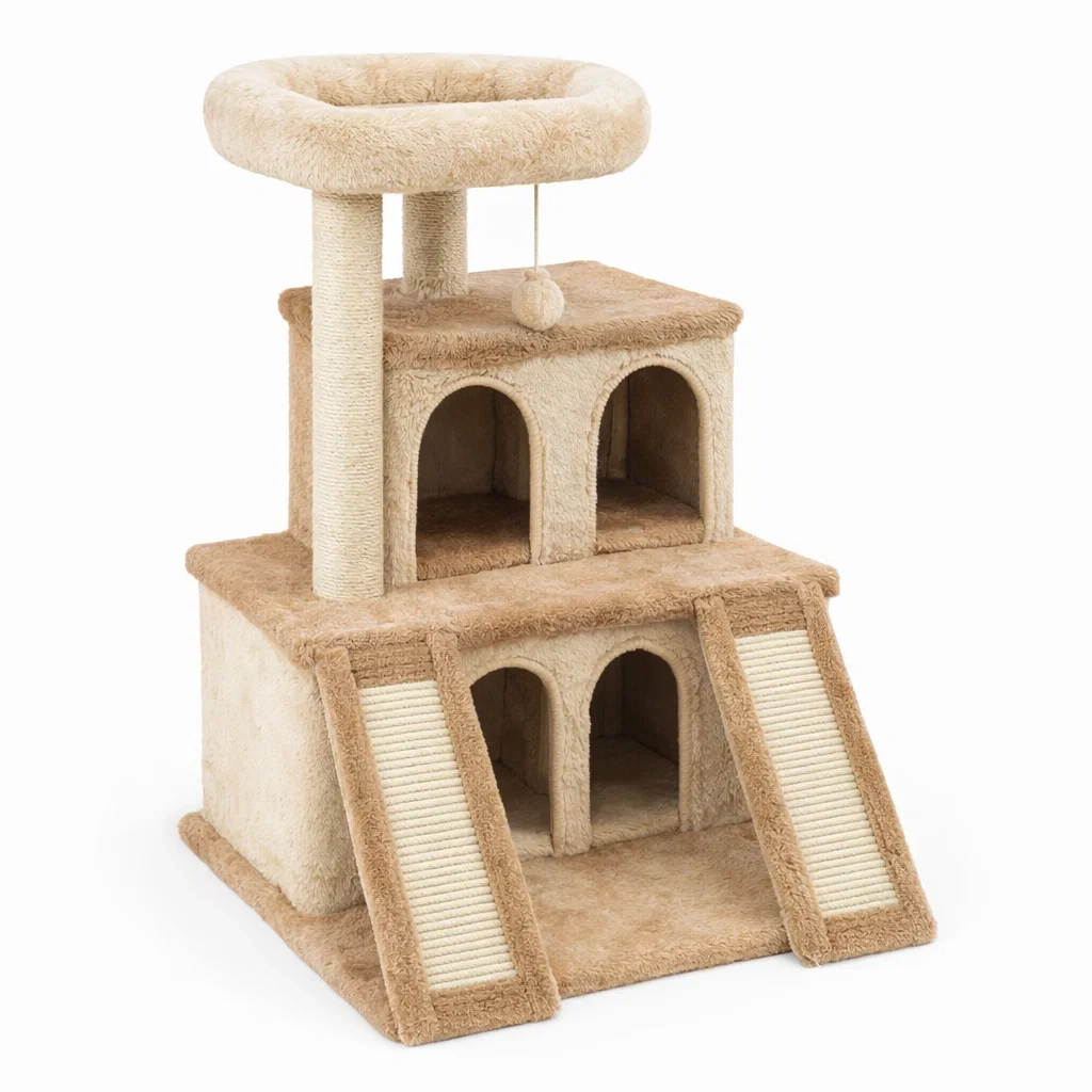 Arbre à chat en bois MDF et sisal beige 3 niveaux-DREAM SANCTUA RYHOME