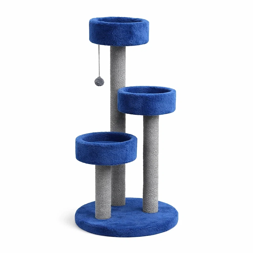 Arbre à chat en tissu bleu et sisal avec trois plateformes-DREAM SANCTUA RYHOME