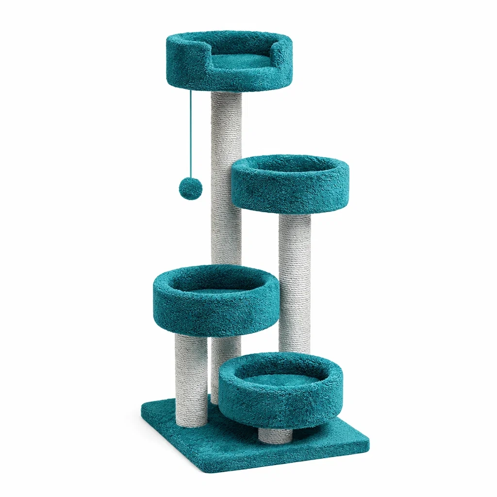 Arbre à chat en fourrure synthétique avec griffoir en sisal et jouet suspendu bleu pétrole-DREAM SANCTUA RYHOME