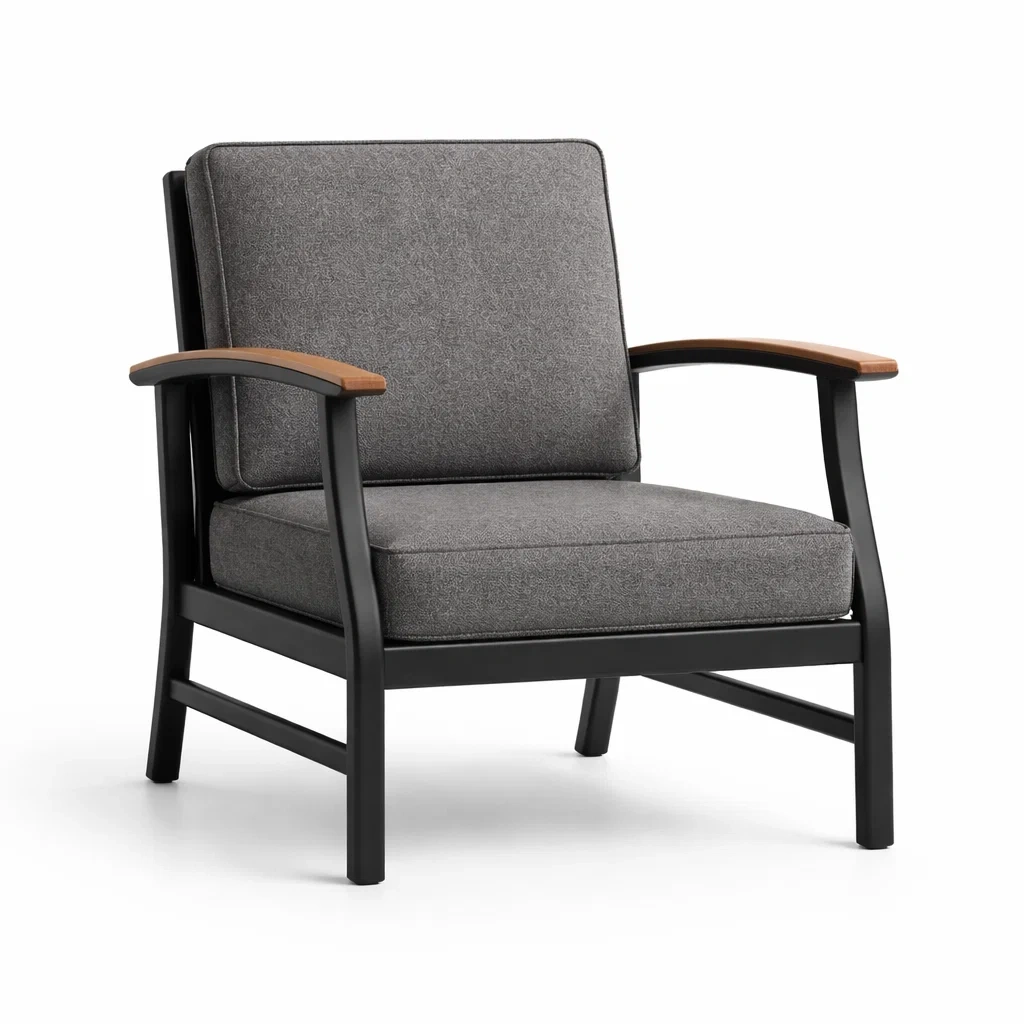 Fauteuil en métal noir avec coussins en tissu gris et accoudoirs en bois-DREAM SANCTUA RYHOME