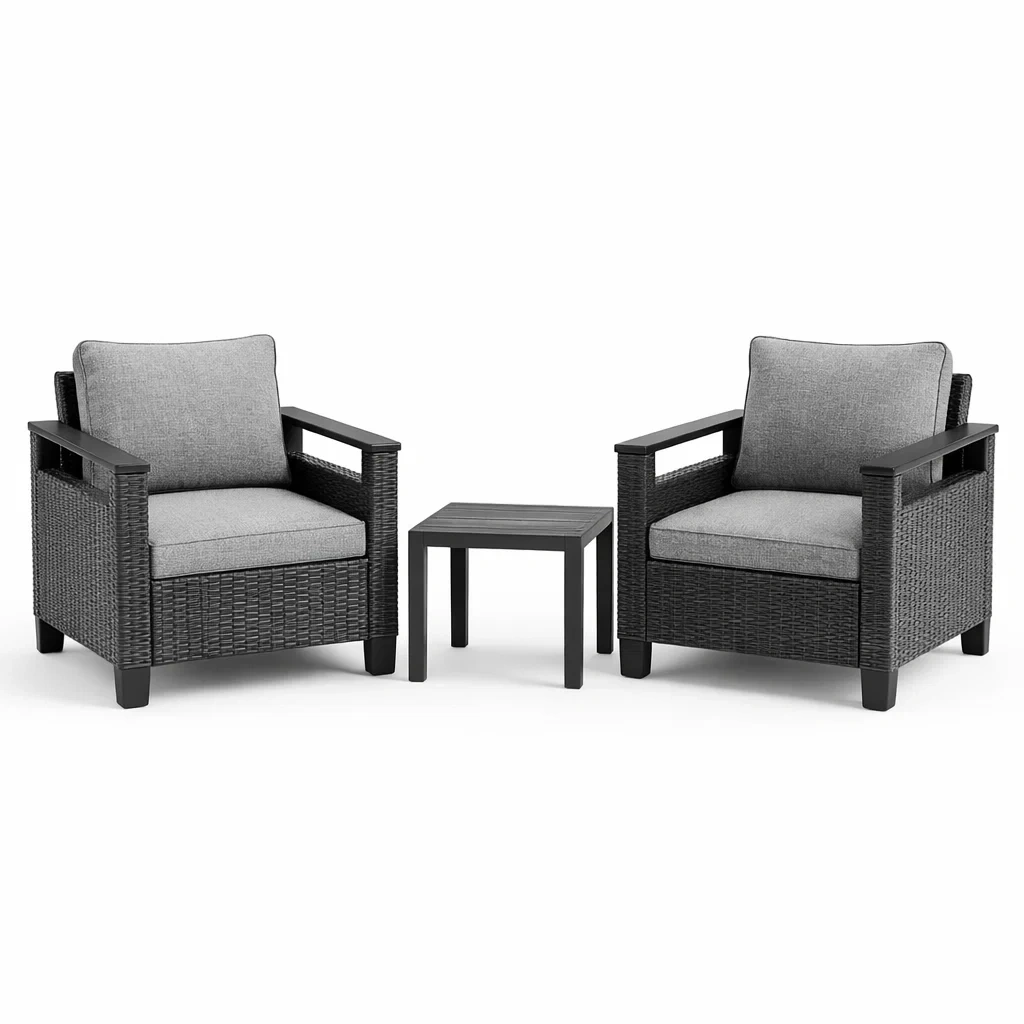 Ensemble de détente en résine tressée et acier avec coussins gris-urbanvi besretreat