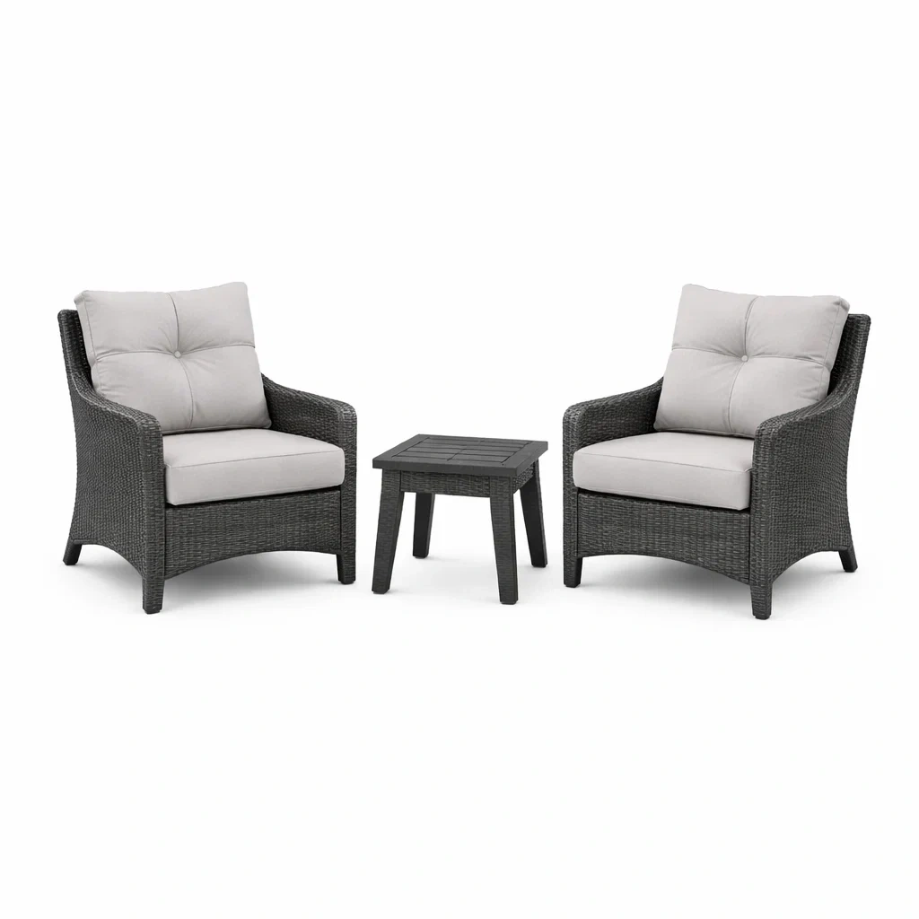 Ensemble de détente en résine tressée gris avec coussins gris clair et table carrée-urbanvi besretreat