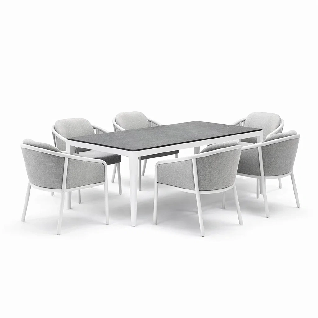 Ensemble de table et chaises en aluminium et verre trempé avec 6 chaises en tissu gris clair-urbanvi besretreat
