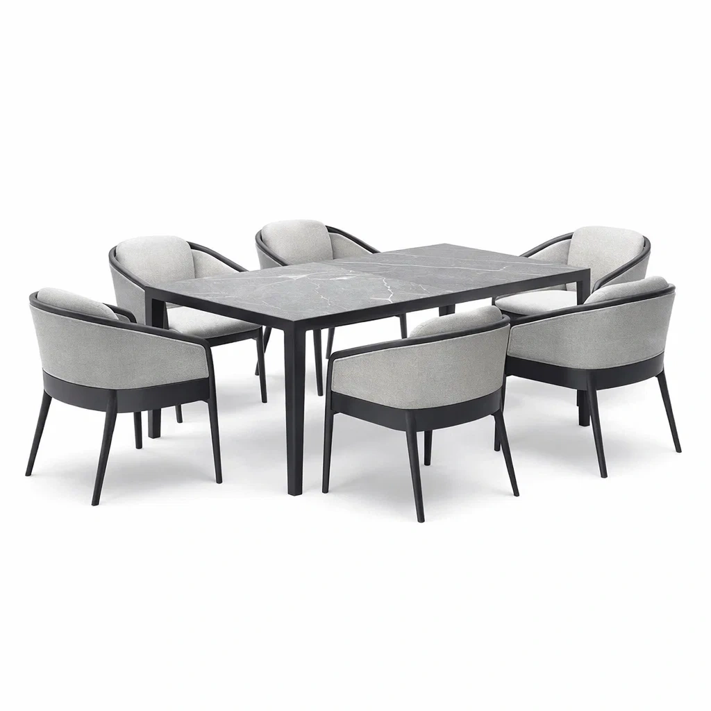 Ensemble de table et chaises rectangulaire en marbre avec 6 chaises en tissu polyester gris-urbanvi besretreat