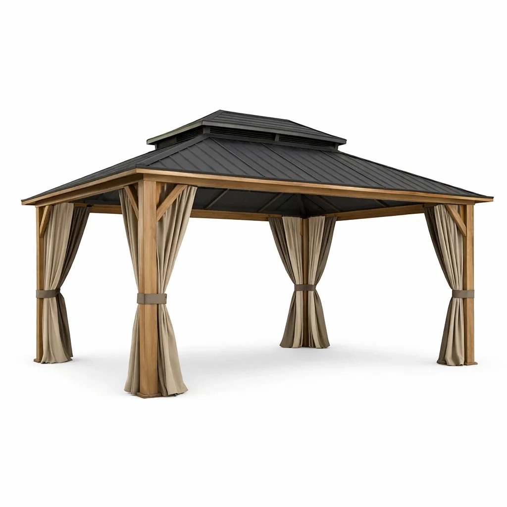 Pavillon en aluminium et bois avec rideaux en polyester noir et beige-urbanvi besretreat