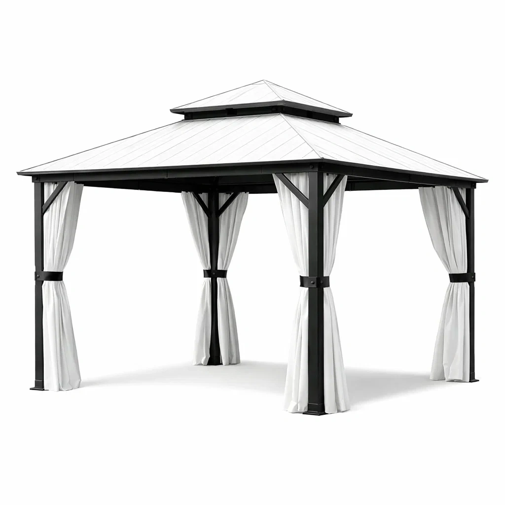 Pavillon en métal avec rideaux en polyester blanc-urbanvi besretreat