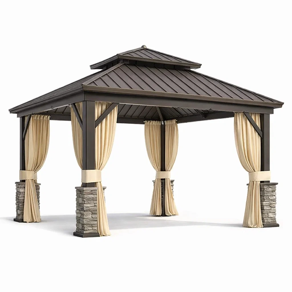 Pavillon extérieur en aluminium taupe avec toit en acier et rideaux en polyester-urbanvi besretreat