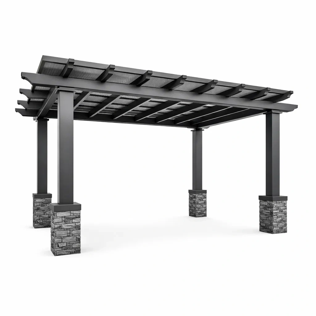 Pergola en aluminium noir avec bases en pierre-urbanvi besretreat
