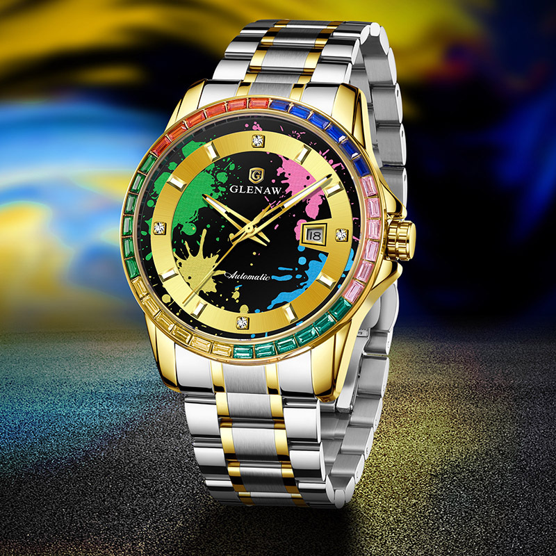 Men’s Mechanical Watch – Rainbow Crystal Bezel, Artistic Ink Dial, Stainless Steel
