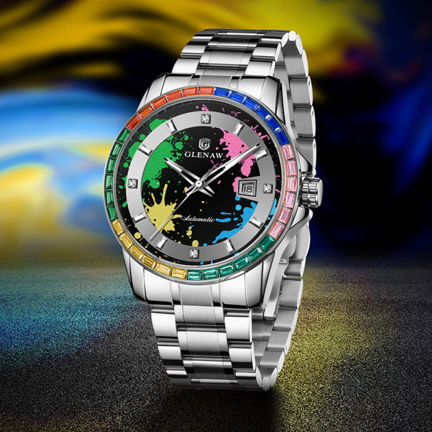 Men’s Mechanical Watch – Rainbow Crystal Bezel, Artistic Ink Dial, Stainless Steel