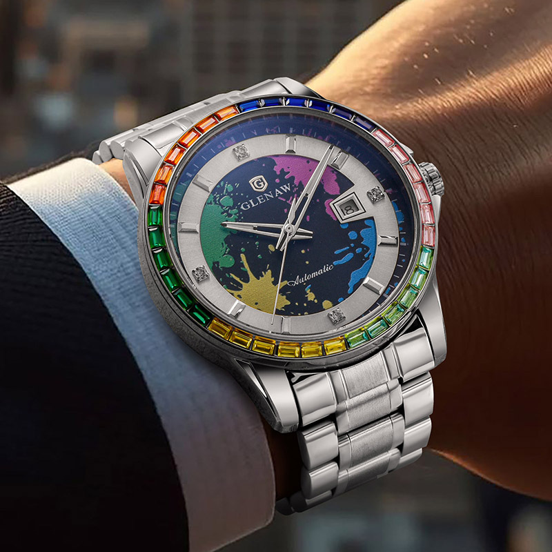 Men’s Mechanical Watch – Rainbow Crystal Bezel, Artistic Ink Dial, Stainless Steel