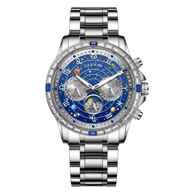Luxury Automatic Mechanical Watch with 12 Zodiac Dial, Gem-Set Steel Case