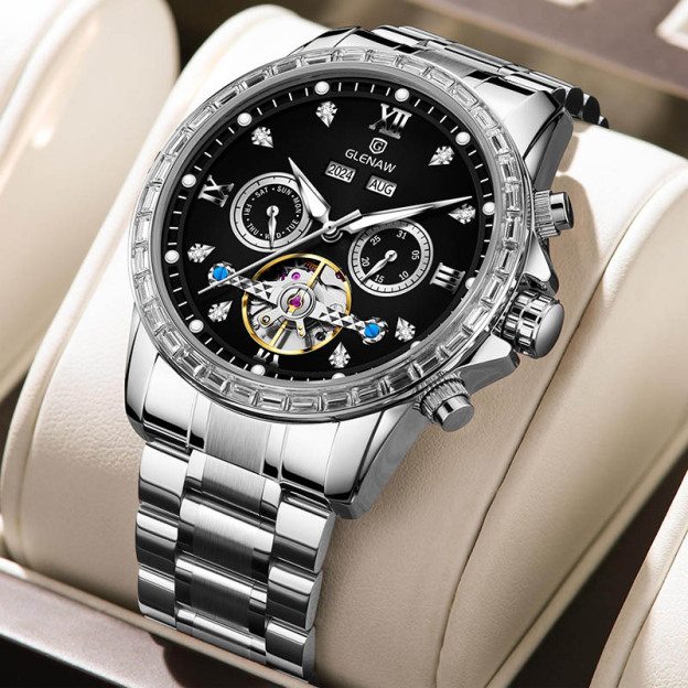 Men’s Automatic Tourbillon Watch, Skeleton Mechanical Wristwatch with Roman Dial
