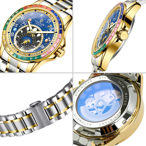 Men’s Automatic Mechanical Watch with Rotating Zodiac Dial, Starry Sky Design, Crystal-Set Bezel