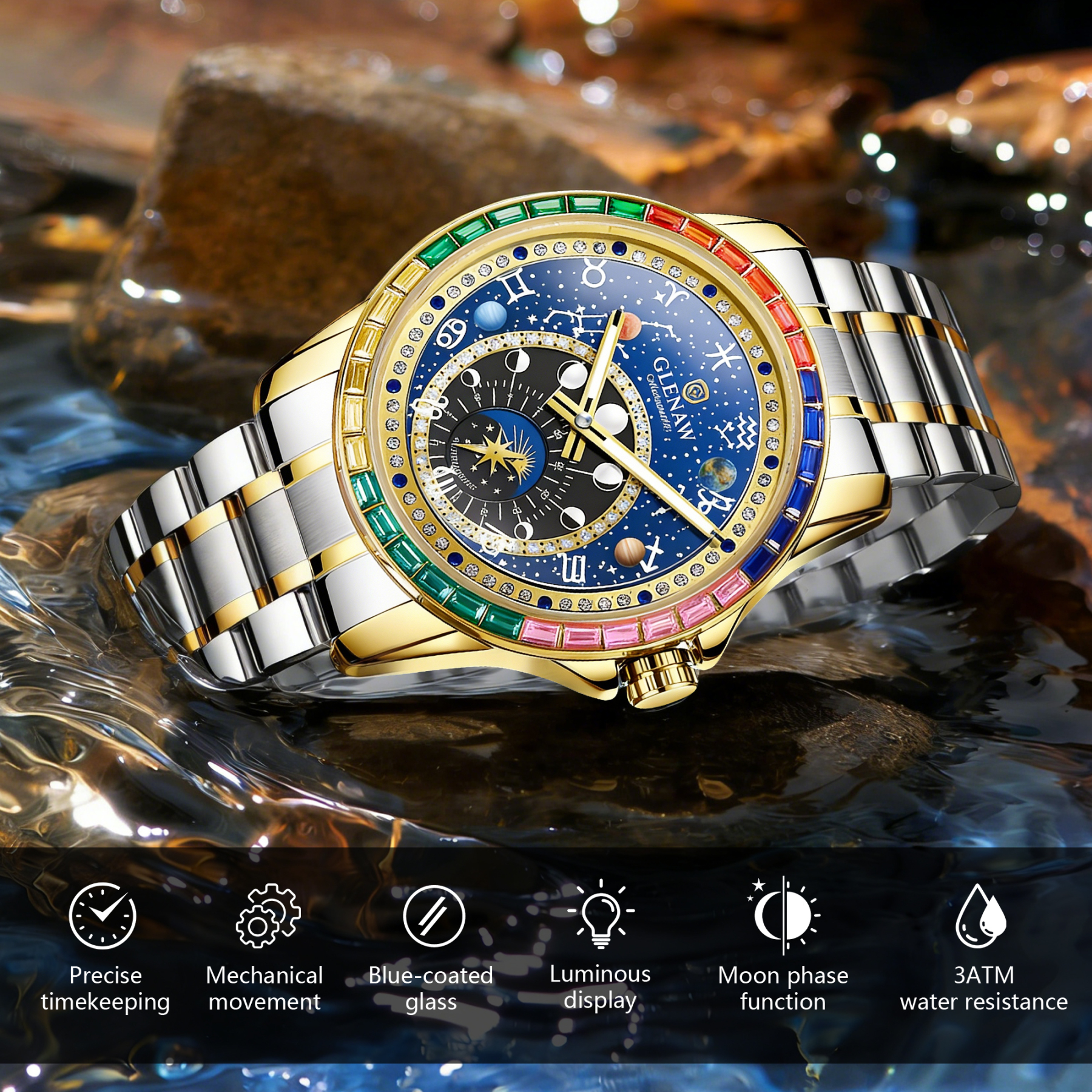 Men’s Automatic Mechanical Watch with Rotating Zodiac Dial, Starry Sky Design, Crystal-Set Bezel
